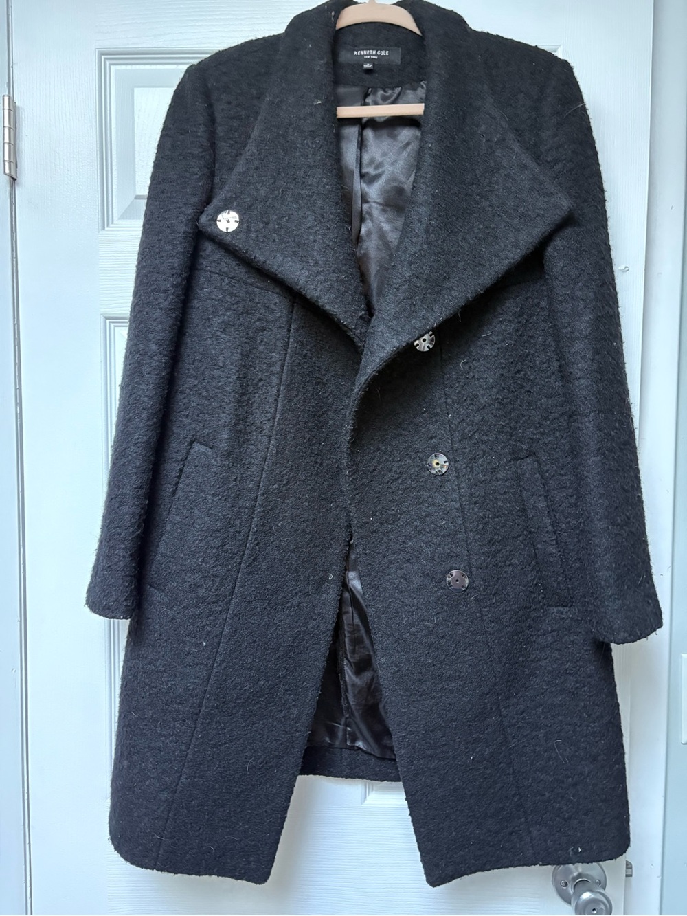 Kenneth Cole Black Textured Wool Blend Trench Coat